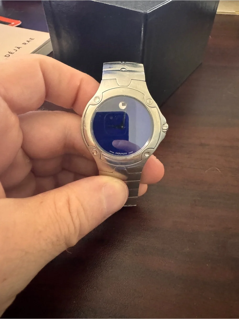 Movado Silver Stainless Steel Watch with Blue Dial